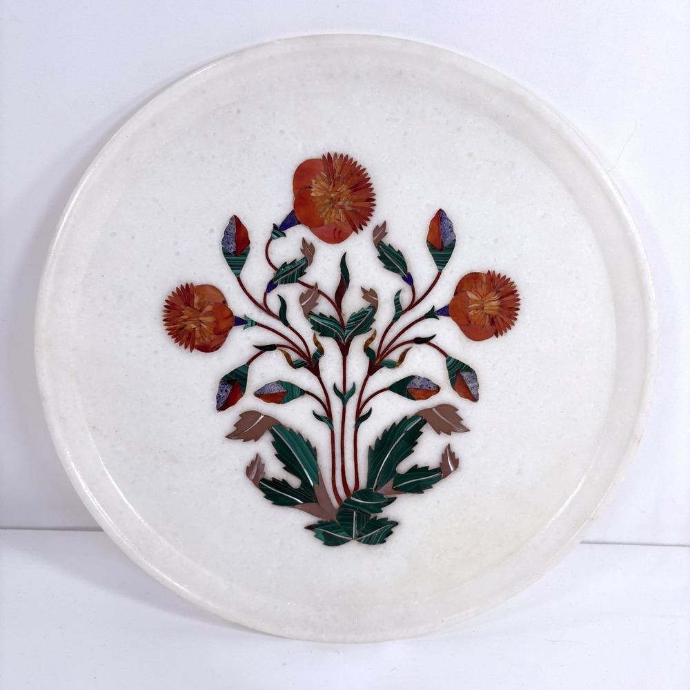Handmade Marble Inlay Tray White Floral Pietra Dura Semi Precious Stone 13 Inch